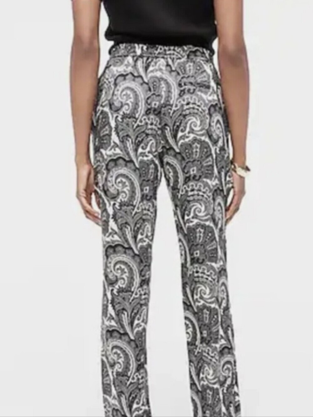 J. Crew Black & Cream Paisley Straight-Leg Pull-On Pants - Size 4 Tall - Picture 3 of 11